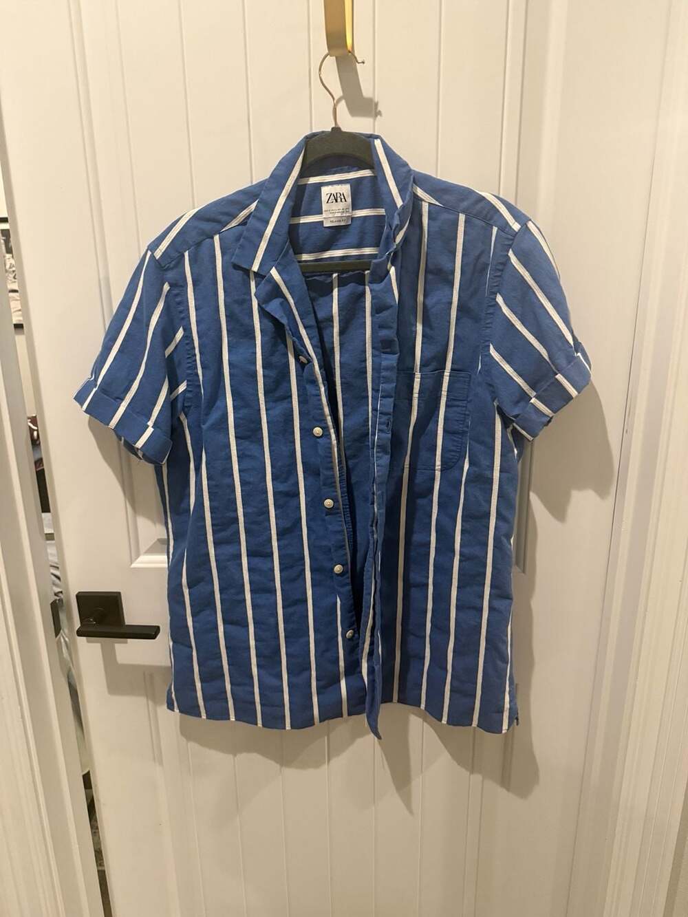 ZARA Men Blue and White Striped Short Sleeve Relaxed Fit